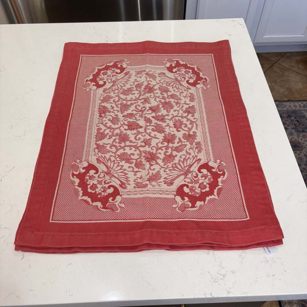 VINTAGE Le Jacquard Français Primrose Bordier Red Jacquard Placemats/Napkins Set